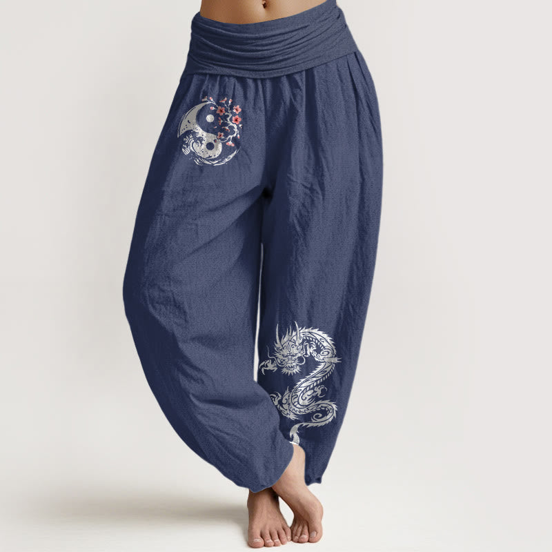 Dragon Yin Yang Waves Flower Pattern Pure Cotton Women's Elastic Waist Harem Pants