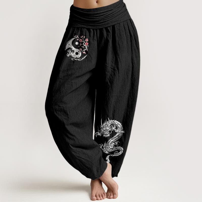 Dragon Yin Yang Waves Flower Pattern Pure Cotton Women's Elastic Waist Harem Pants