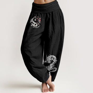 Dragon Yin Yang Waves Flower Pattern Pure Cotton Women's Elastic Waist Harem Pants