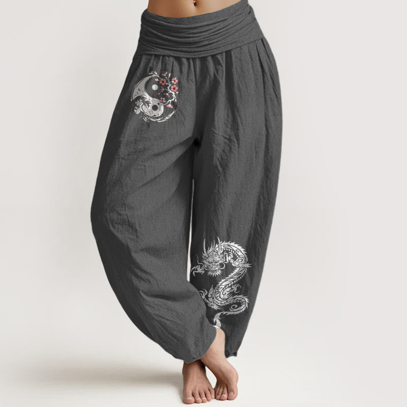 Dragon Yin Yang Waves Flower Pattern Pure Cotton Women's Elastic Waist Harem Pants