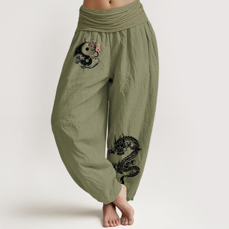 Dragon Yin Yang Waves Flower Pattern Pure Cotton Women's Elastic Waist Harem Pants