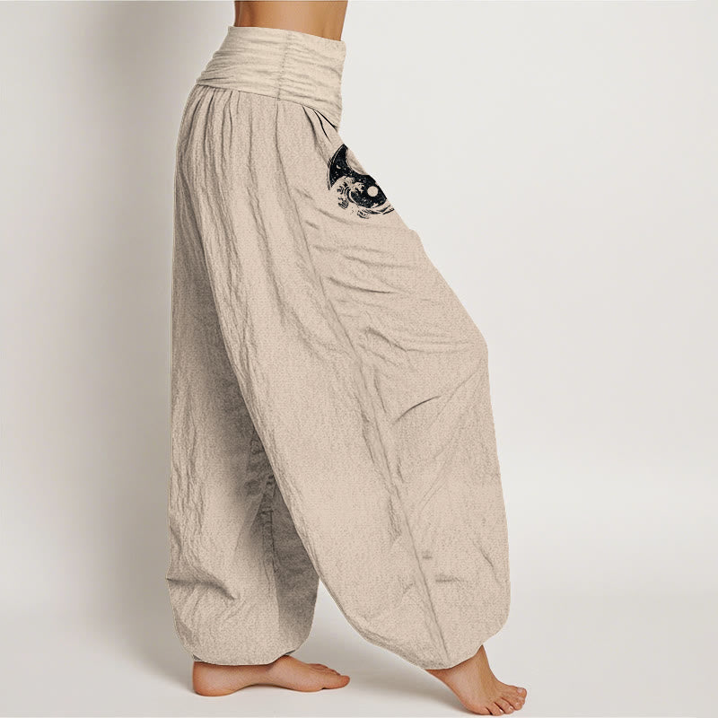 Dragon Yin Yang Waves Flower Pattern Pure Cotton Women's Elastic Waist Harem Pants