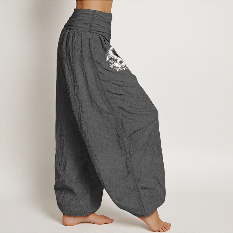 Dragon Yin Yang Waves Flower Pattern Pure Cotton Women's Elastic Waist Harem Pants