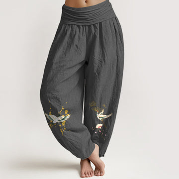 Pure Cotton Crane Print Mindful Movement Harem Pants