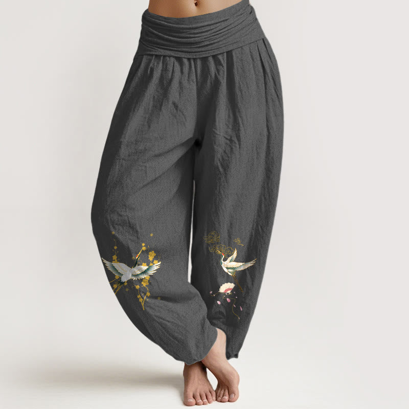 Pure Cotton Crane Print Mindful Movement Harem Pants