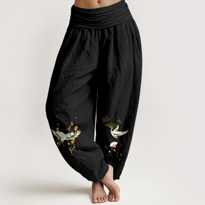 Pure Cotton Crane Print Mindful Movement Harem Pants