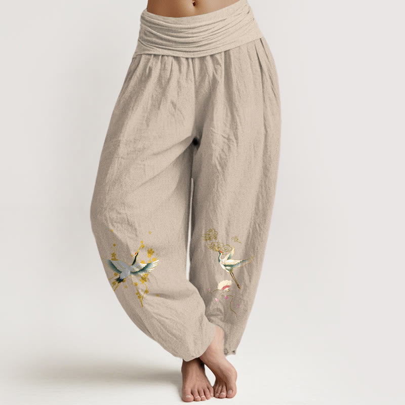 Pure Cotton Crane Print Mindful Movement Harem Pants
