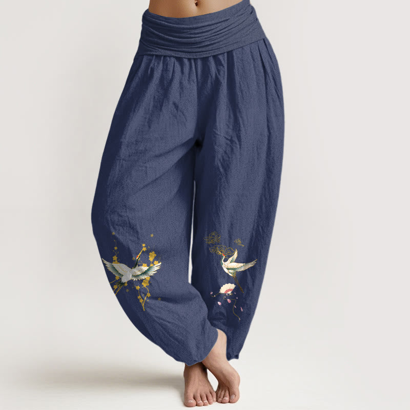 Pure Cotton Crane Print Mindful Movement Harem Pants