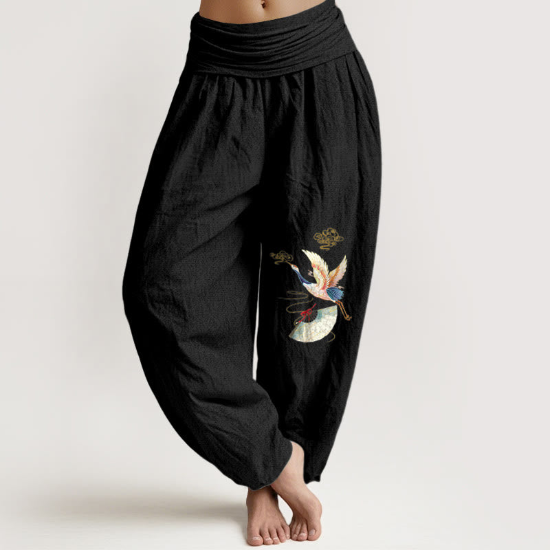 Breathable Cotton Crane Print Harem Meditation Pants