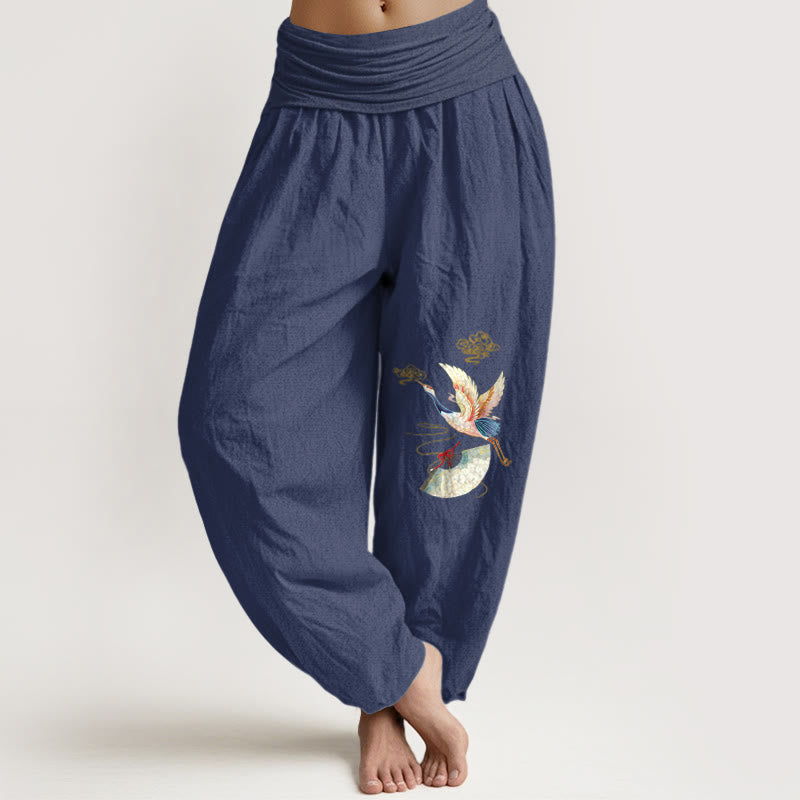 Breathable Cotton Crane Print Harem Meditation Pants