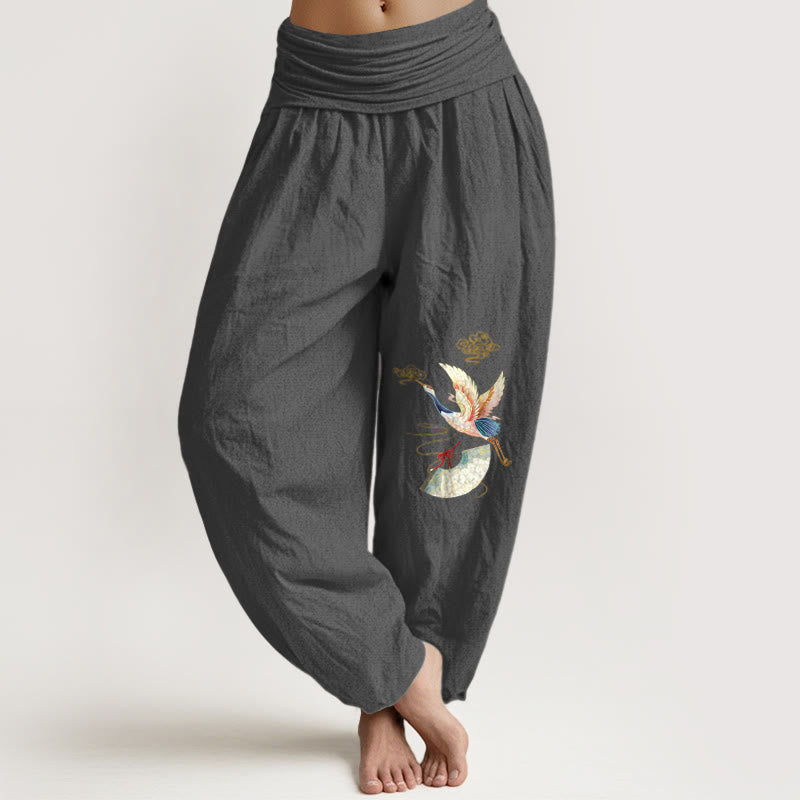 Breathable Cotton Crane Print Harem Meditation Pants
