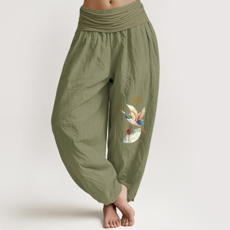 Breathable Cotton Crane Print Harem Meditation Pants