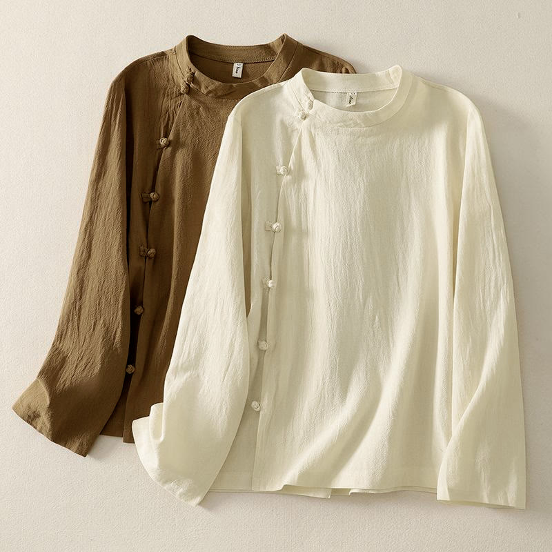 Cotton Asymmetrical Frog-Button Mindful Meditation Shirt