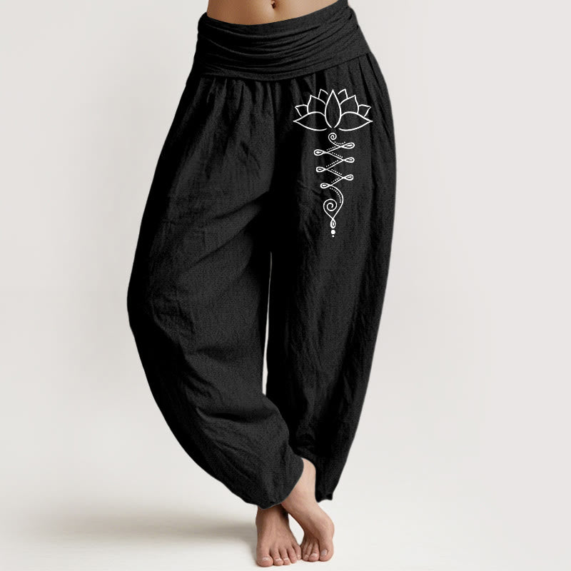 Unalome Symbol Lotus Flower Pattern Women's Elastic Waist Harem Cotton Pants