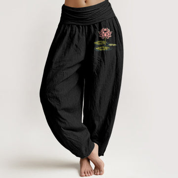 Pure Cotton Lotus Pattern Harem Pants for Mindful Movement