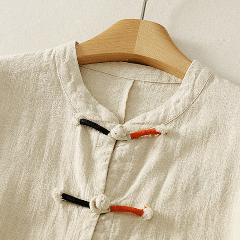 Cotton Linen Stand Collar Frog Button Meditation Shirt