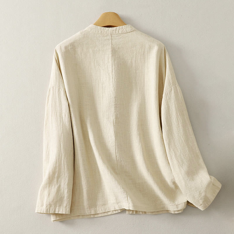 Cotton Linen Stand Collar Frog Button Meditation Shirt