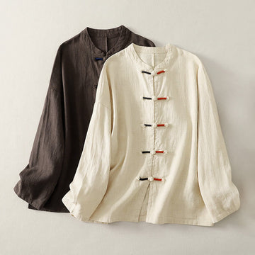 Cotton Linen Stand Collar Frog Button Meditation Shirt