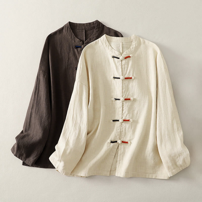 Cotton Linen Stand Collar Frog Button Meditation Shirt