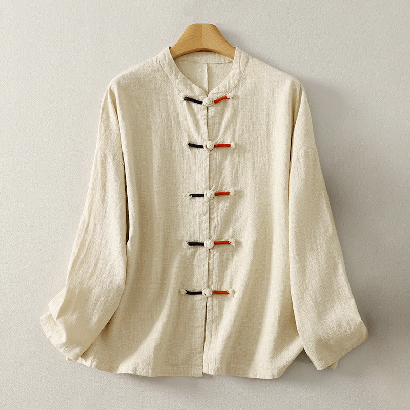 Cotton Linen Stand Collar Frog Button Meditation Shirt
