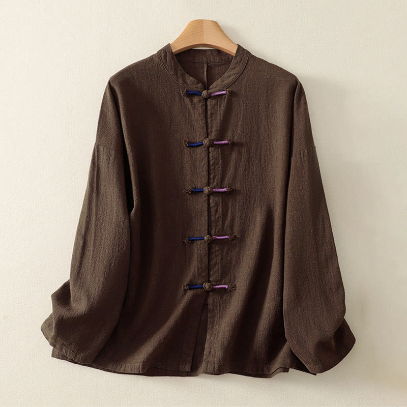 Cotton Linen Stand Collar Frog Button Meditation Shirt