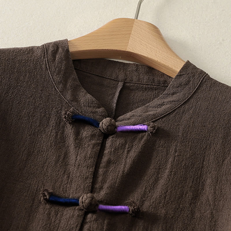 Cotton Linen Stand Collar Frog Button Meditation Shirt