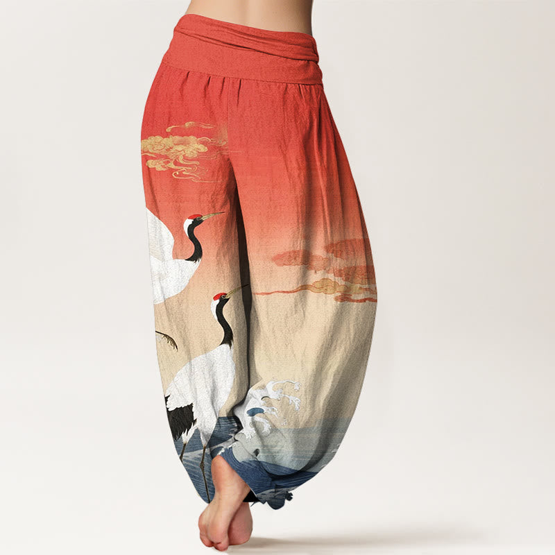 Tactile Cotton Crane Print Mindful Movement Harem Pants