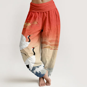 Tactile Cotton Crane Print Mindful Movement Harem Pants