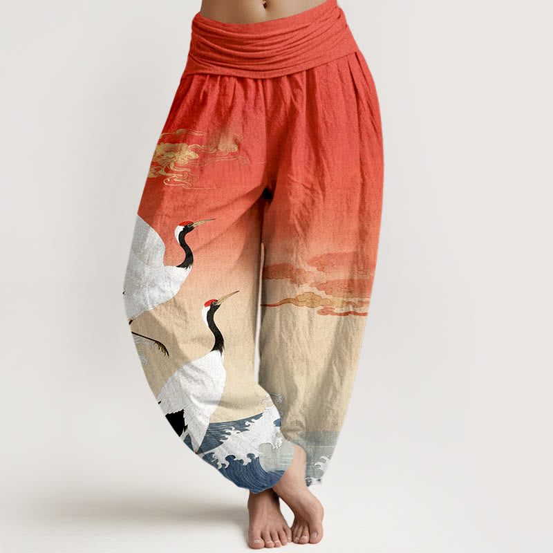 Tactile Cotton Crane Print Mindful Movement Harem Pants