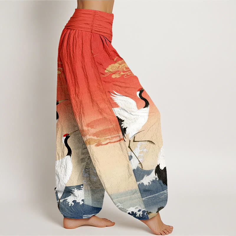 Tactile Cotton Crane Print Mindful Movement Harem Pants