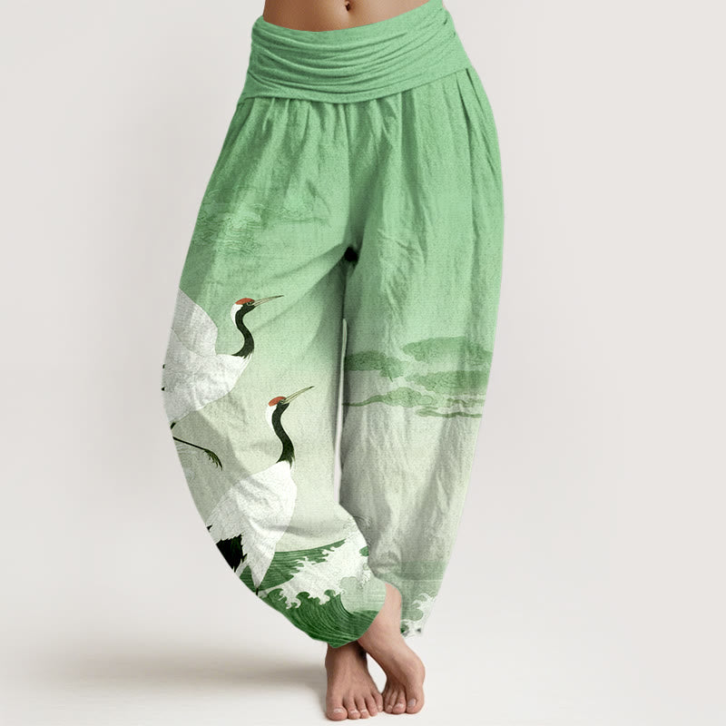 Tactile Cotton Crane Print Mindful Movement Harem Pants