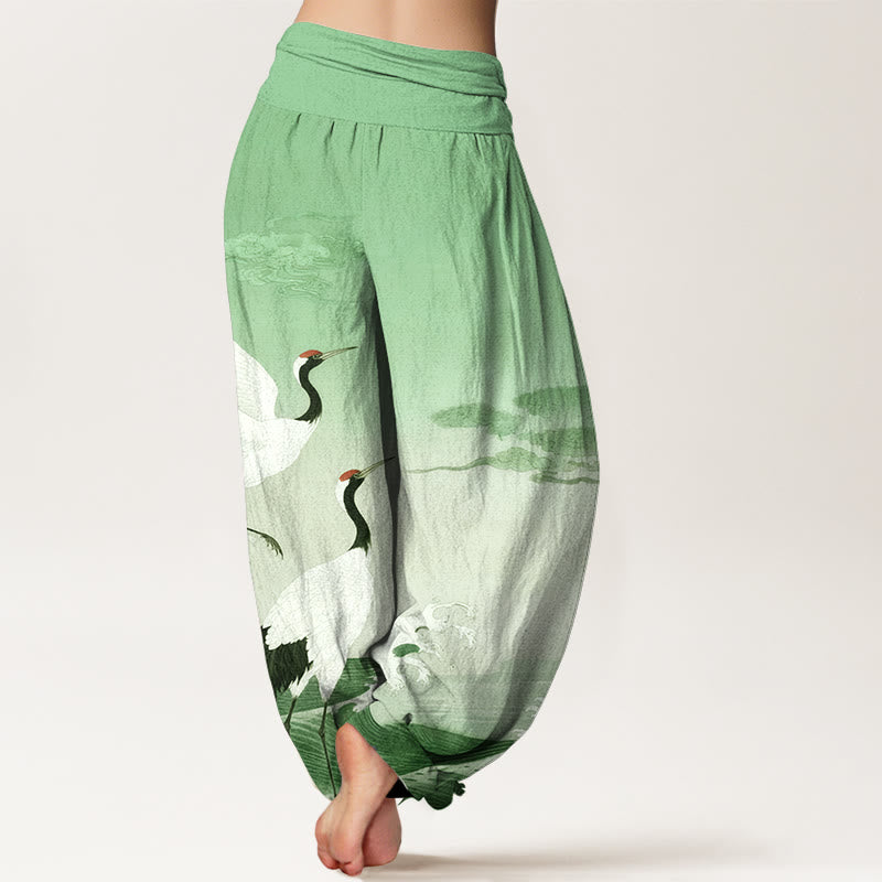 Tactile Cotton Crane Print Mindful Movement Harem Pants