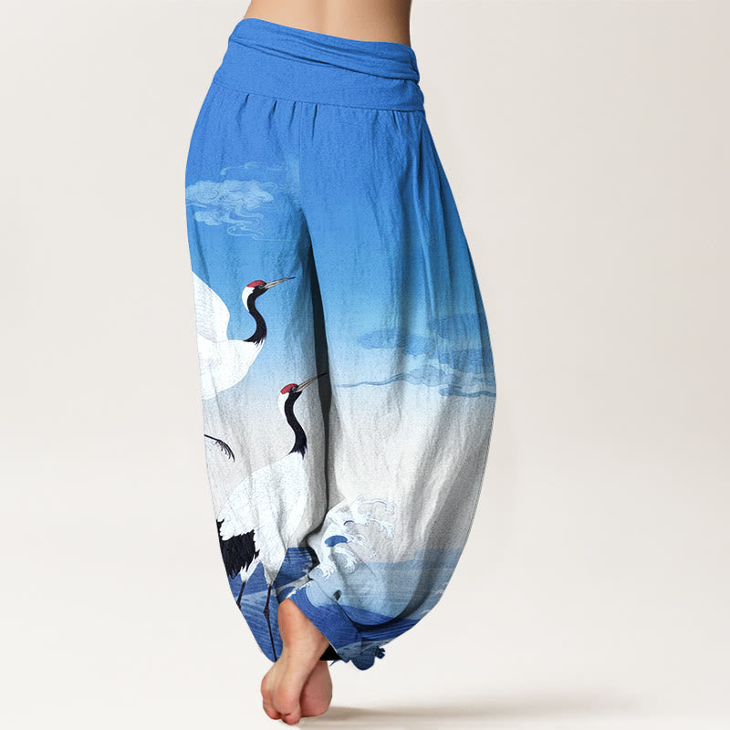 Tactile Cotton Crane Print Mindful Movement Harem Pants