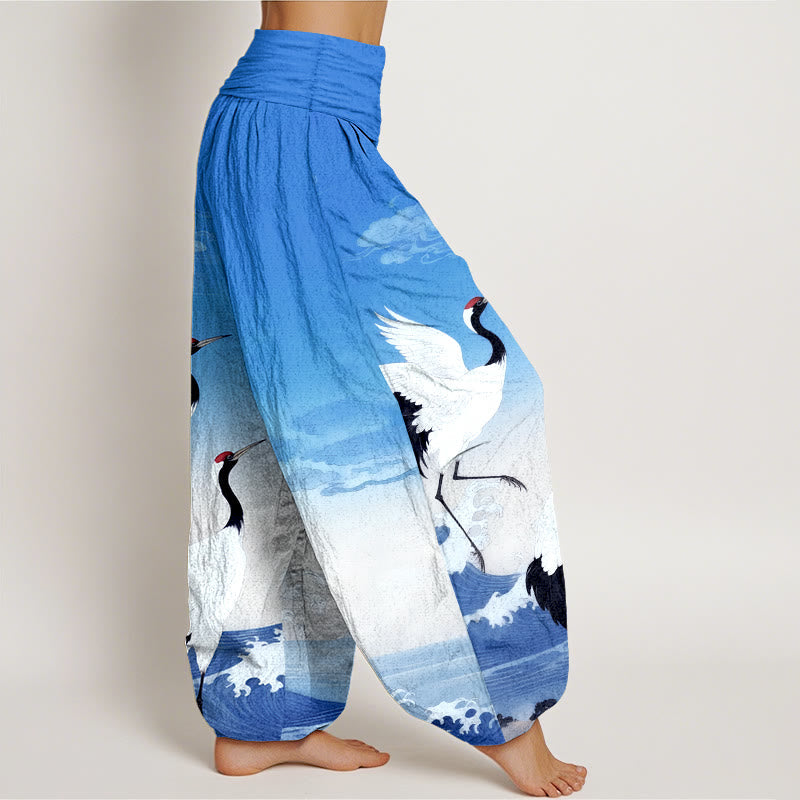 Tactile Cotton Crane Print Mindful Movement Harem Pants