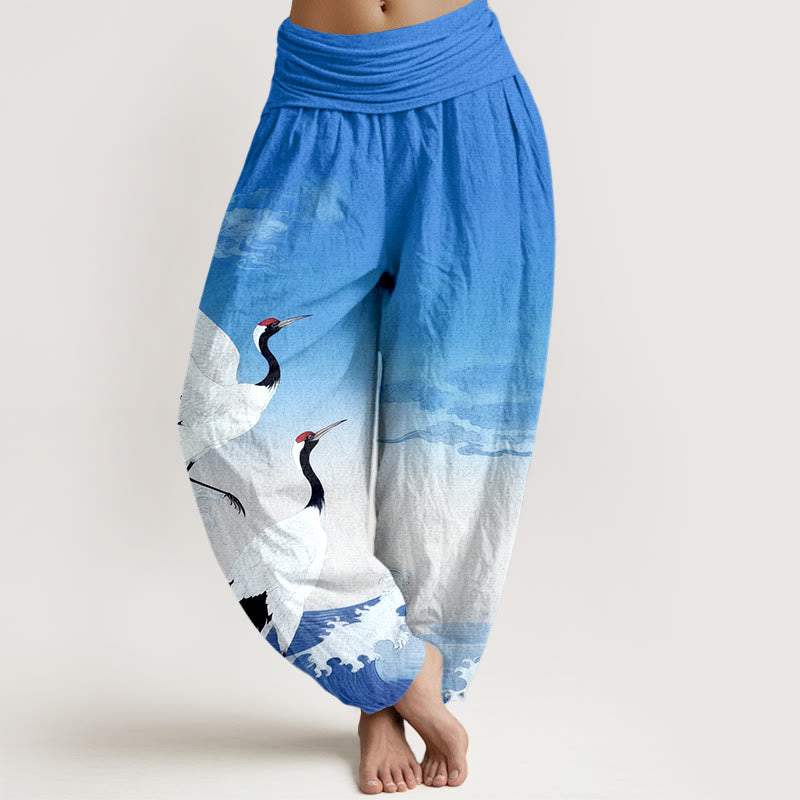 Tactile Cotton Crane Print Mindful Movement Harem Pants