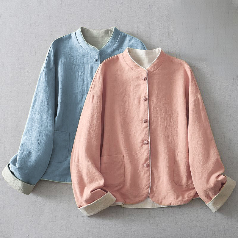 Women's Plain Jacquard Stand Collar Long Sleeve Cotton Linen Jacket With Pockets