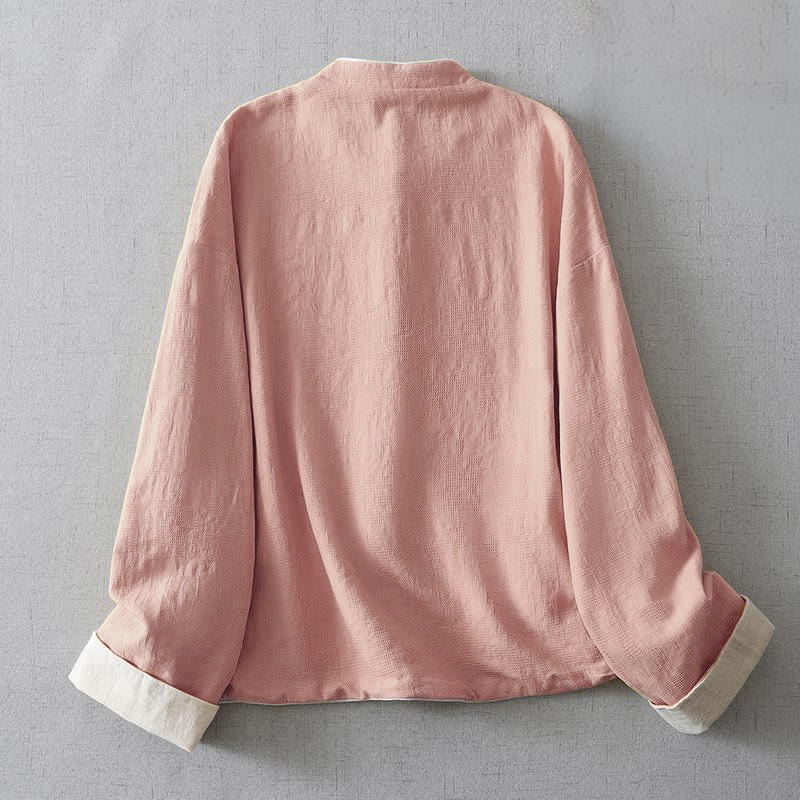 Women's Plain Jacquard Stand Collar Long Sleeve Cotton Linen Jacket With Pockets