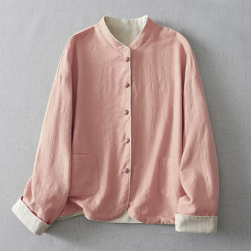 Women's Plain Jacquard Stand Collar Long Sleeve Cotton Linen Jacket With Pockets