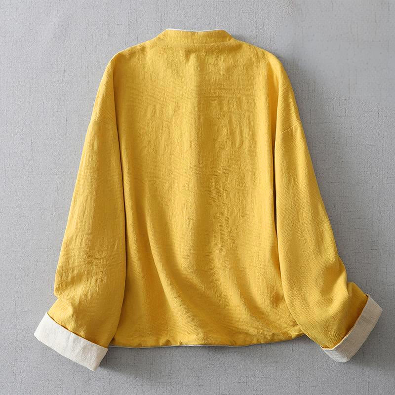 Women's Plain Jacquard Stand Collar Long Sleeve Cotton Linen Jacket With Pockets