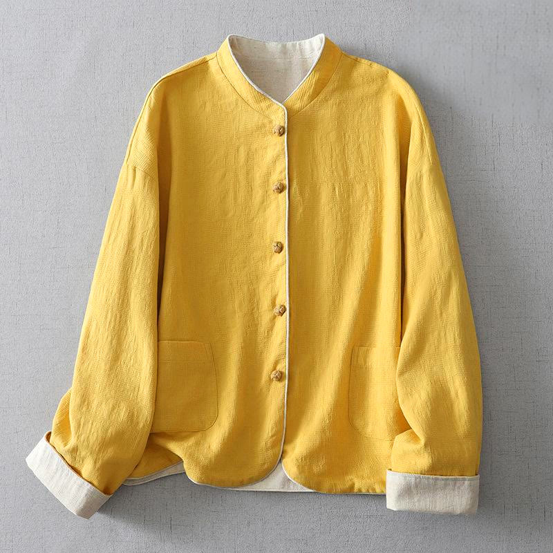 Women's Plain Jacquard Stand Collar Long Sleeve Cotton Linen Jacket With Pockets