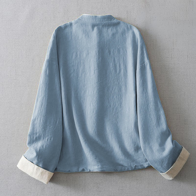 Women's Plain Jacquard Stand Collar Long Sleeve Cotton Linen Jacket With Pockets