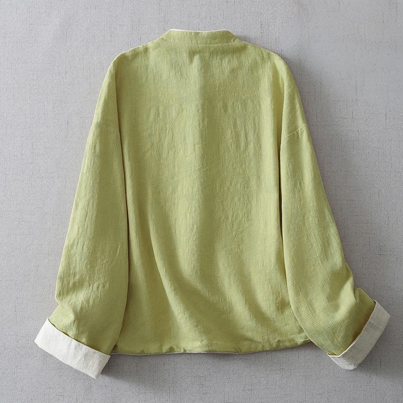 Women's Plain Jacquard Stand Collar Long Sleeve Cotton Linen Jacket With Pockets