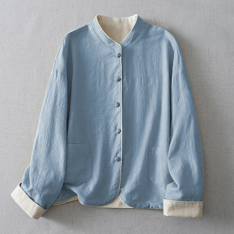 Women's Plain Jacquard Stand Collar Long Sleeve Cotton Linen Jacket With Pockets