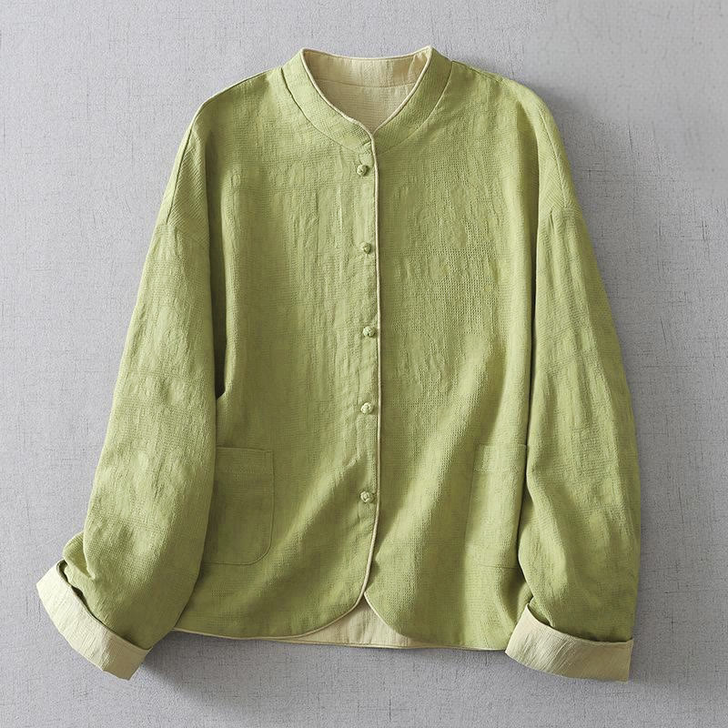 Women's Plain Jacquard Stand Collar Long Sleeve Cotton Linen Jacket With Pockets