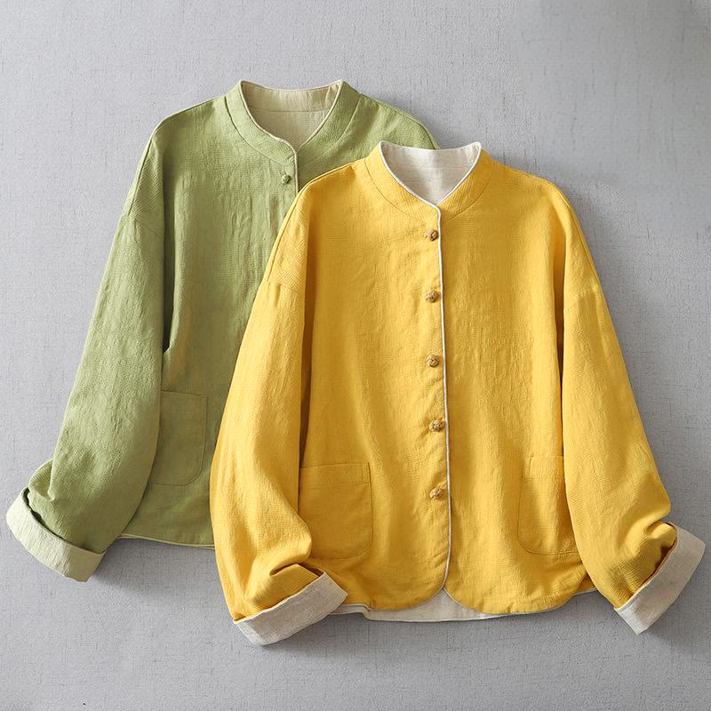 Women's Plain Jacquard Stand Collar Long Sleeve Cotton Linen Jacket With Pockets