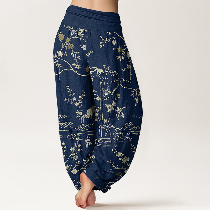 Breathable Cotton Crane Print Meditation Harem Pants