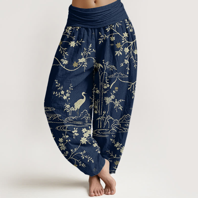Breathable Cotton Crane Print Meditation Harem Pants
