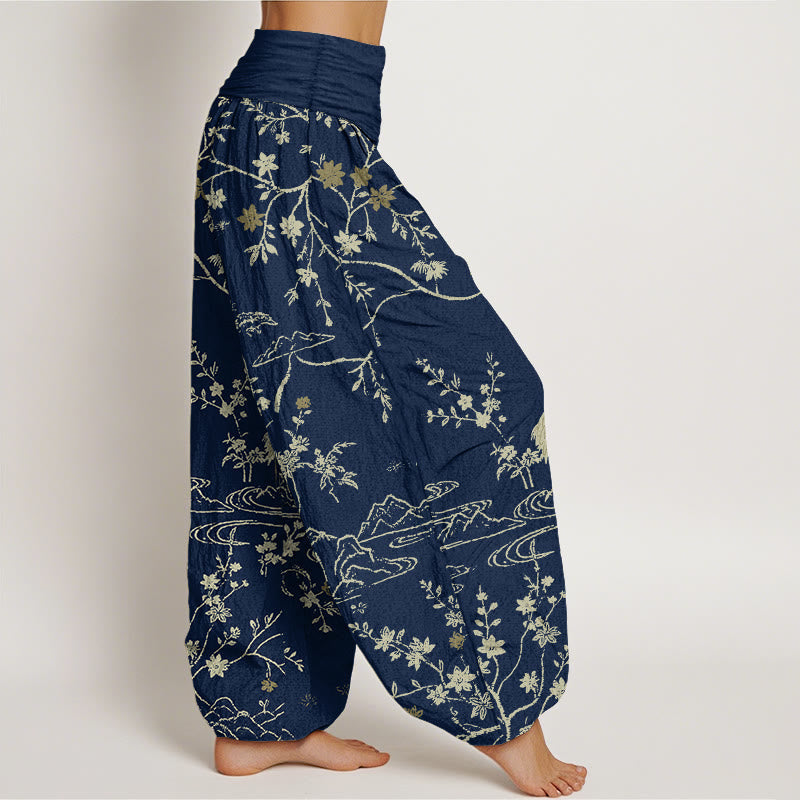 Breathable Cotton Crane Print Meditation Harem Pants