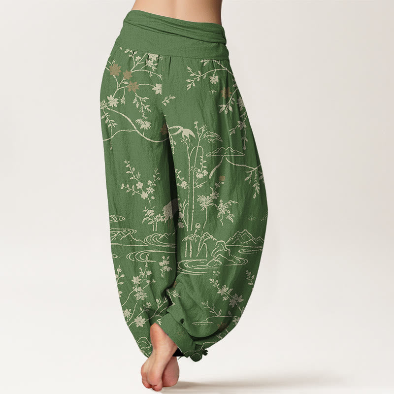 Breathable Cotton Crane Print Meditation Harem Pants