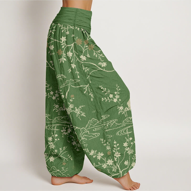 Breathable Cotton Crane Print Meditation Harem Pants